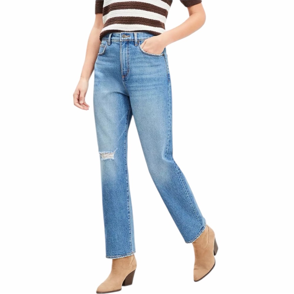 LOFT Destructed High Rise Straight Jeans Size 26/2 in Dark Vintage Wash